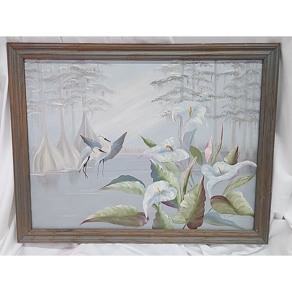 Vintage Mid Century Crane Painting On Canvas Signed D Snow 26.5" Wide x 20.5"tal